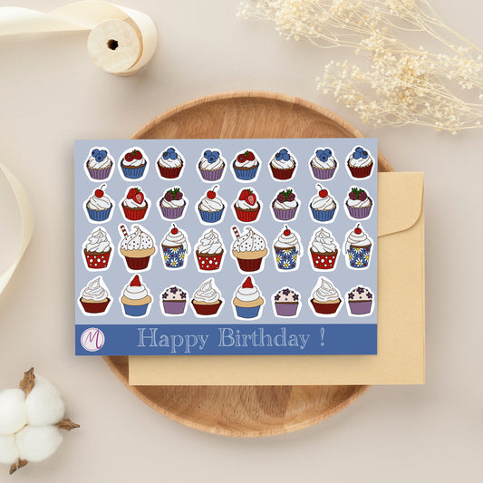 Stickerbogen in Blau mit Happy-Birthday-Muffins zum abziehen.